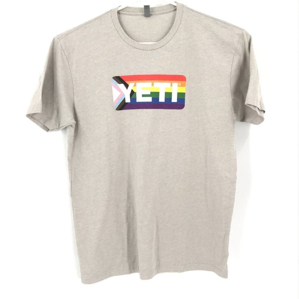 Yeti Mens Shirt XL Gray Short Sleeve Crew Neck Pullover Rainbow Pride Logo Tee